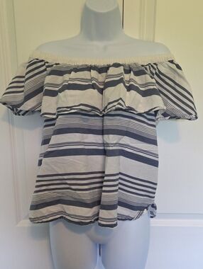 LOFT Off-Shoulder Striped Ruffle Tunic - White and Navy